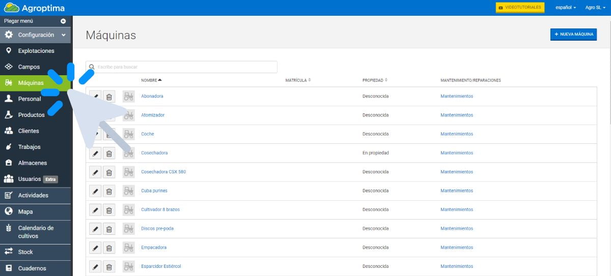 introducir maquinaria en agroptima